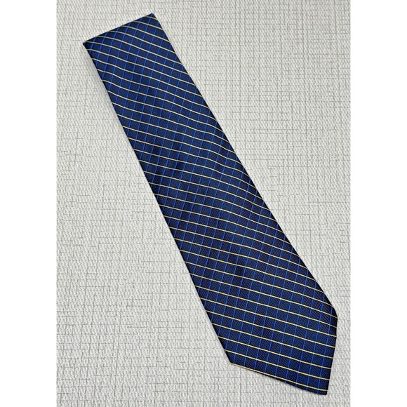 Lauren Ralph Lauren Blue Yellow Diagonal Windowpane Plaid 100% Silk USA Tie - Picture 1 of 6